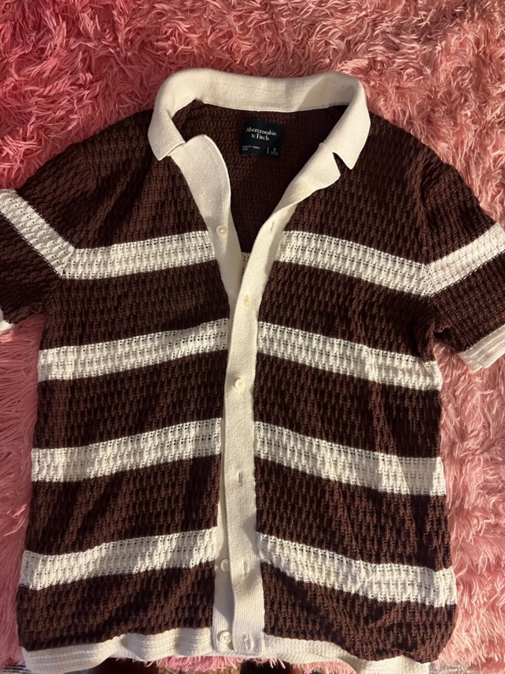 Abercrombie & Fitch Brown and White Striped Knit Polo Cardigan, short sleeve